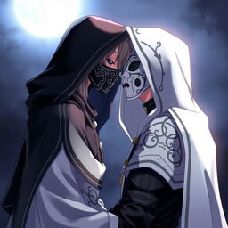 An anime female character in a hooded cloak, her face entirely covered by a striking black and white mask, is engaged in a tender kiss with a male anime character, who is also dressed in a similar hooded cloak and wears a matching black and white mask covering his face
