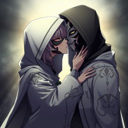 An anime female character in a hooded cloak, her face entirely covered by a striking black and white mask, is engaged in a tender kiss with a male anime character, who is also dressed in a similar hooded cloak and wears a matching black and white mask covering his face
