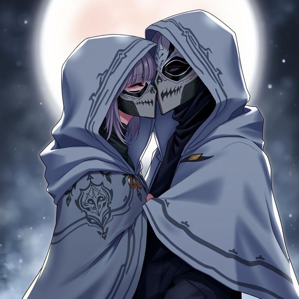 An anime female character in a hooded cloak, her face entirely covered by a striking black and white mask, is engaged in a tender kiss with a male anime character, who is also dressed in a similar hooded cloak and wears a matching black and white mask covering his face