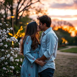 A romantic scene of a couple kissing in a sunset-lit park