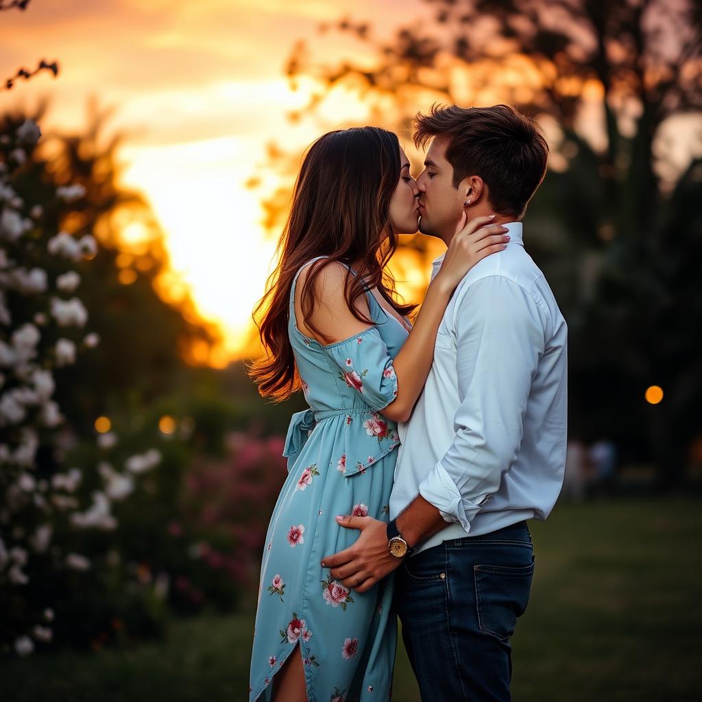 A romantic scene of a couple kissing in a sunset-lit park