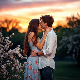 A romantic scene of a couple kissing in a sunset-lit park