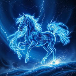 In the captivating style of Dungeons and Dragons character art, a majestic horse emerges, entirely crafted from arcs of lightning and shimmering stars