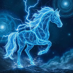 In the captivating style of Dungeons and Dragons character art, a majestic horse emerges, entirely crafted from arcs of lightning and shimmering stars