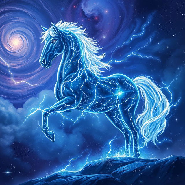 In the captivating style of Dungeons and Dragons character art, a majestic horse emerges, entirely crafted from arcs of lightning and shimmering stars