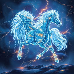 In the captivating style of Dungeons and Dragons character art, a majestic horse emerges, entirely crafted from arcs of lightning and shimmering stars