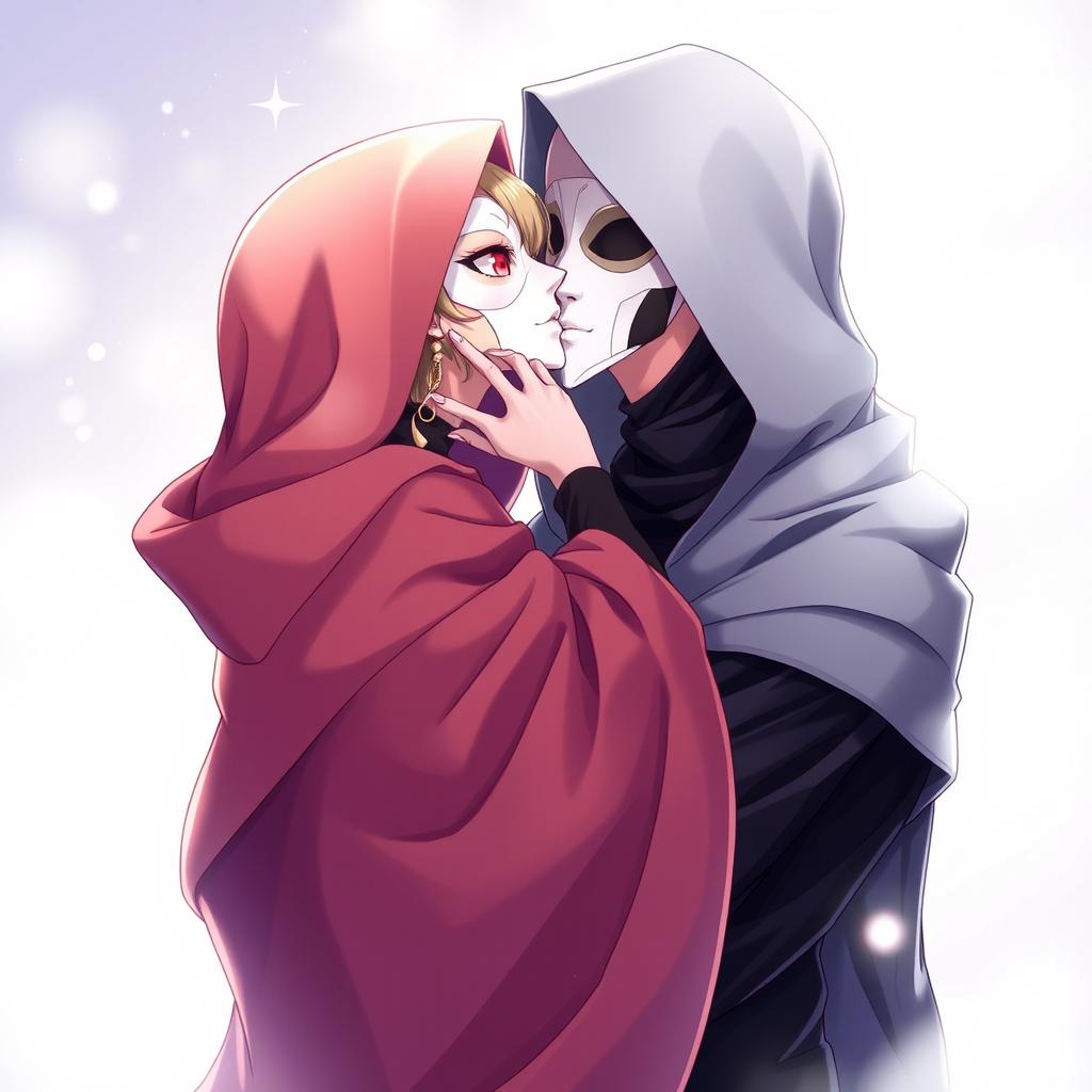 A beautifully illustrated anime scene featuring a female character dressed in a flowing hooded cloak, her face completely covered by an elegant white masquerade mask