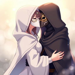 A beautifully illustrated anime scene featuring a female character dressed in a flowing hooded cloak, her face completely covered by an elegant white masquerade mask