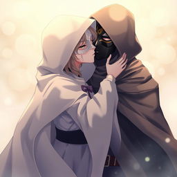 A beautifully illustrated anime scene featuring a female character dressed in a flowing hooded cloak, her face completely covered by an elegant white masquerade mask