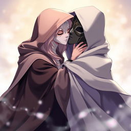 A beautifully illustrated anime scene featuring a female character dressed in a flowing hooded cloak, her face completely covered by an elegant white masquerade mask