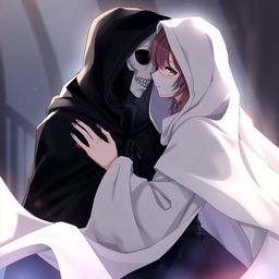 An anime scene featuring a female character wearing a flowing hooded white cloak, elegantly draped, with a full white masquerade mask covering her entire face