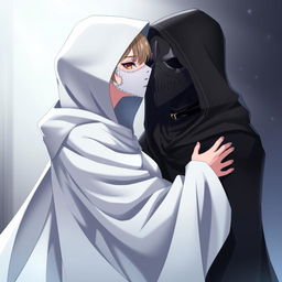 An anime scene featuring a female character wearing a flowing hooded white cloak, elegantly draped, with a full white masquerade mask covering her entire face