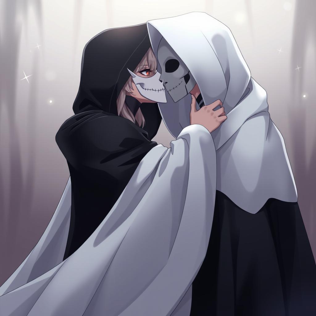 An anime scene featuring a female character wearing a flowing hooded white cloak, elegantly draped, with a full white masquerade mask covering her entire face