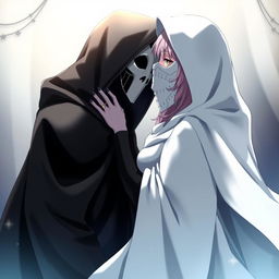 An anime scene featuring a female character wearing a flowing hooded white cloak, elegantly draped, with a full white masquerade mask covering her entire face