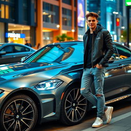 A sleek BMW parked beside a stylish young man with a confident pose