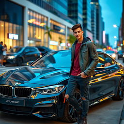 A sleek BMW parked beside a stylish young man with a confident pose