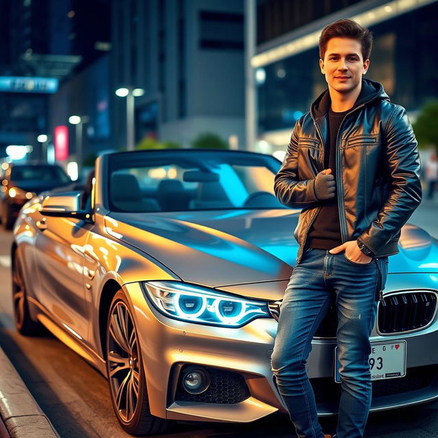 A sleek BMW parked beside a stylish young man with a confident pose