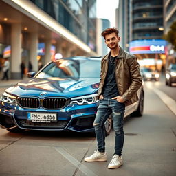 A sleek BMW parked beside a stylish young man with a confident pose