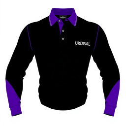 A stylish black and purple polo shirt featuring the text 'URDISDAL' elegantly embroidered on the left chest pocket area