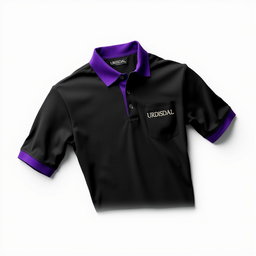 A stylish black and purple polo shirt featuring the text 'URDISDAL' elegantly embroidered on the left chest pocket area