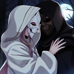 An anime scene depicting a female character in a hooded white cloak, wearing an elegant white masquerade mask that covers her entire face, gently kissing a male character dressed in a hooded black cloak