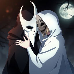 An anime scene depicting a female character in a hooded white cloak, wearing an elegant white masquerade mask that covers her entire face, gently kissing a male character dressed in a hooded black cloak