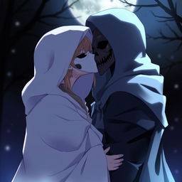 An anime scene depicting a female character in a hooded white cloak, wearing an elegant white masquerade mask that covers her entire face, gently kissing a male character dressed in a hooded black cloak