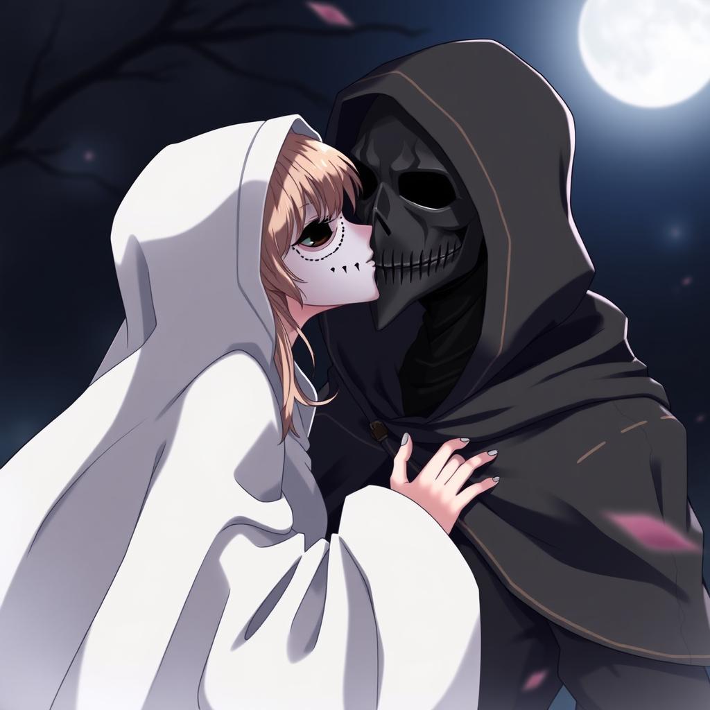 An anime scene depicting a female character in a hooded white cloak, wearing an elegant white masquerade mask that covers her entire face, gently kissing a male character dressed in a hooded black cloak