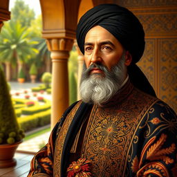 A portrait of Amir Kabir, the famous statesman and reformer of Iran, dressed in traditional Persian attire from the 19th century