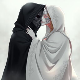 An anime female character wearing a flowing, elegant white hooded cloak, intricately designed, with an ornate white Venetian full mask covering her entire face