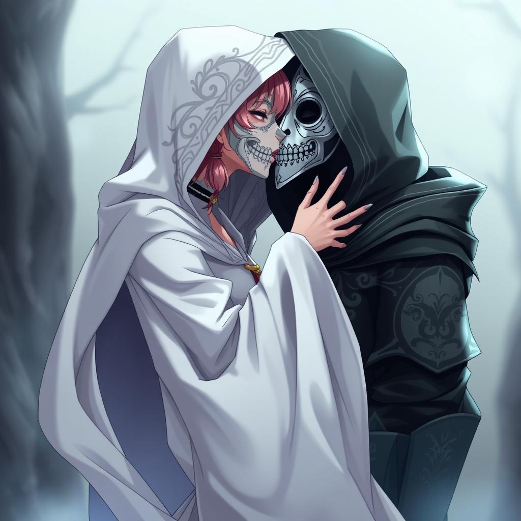 An anime female character wearing a flowing, elegant white hooded cloak, intricately designed, with an ornate white Venetian full mask covering her entire face