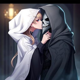 An anime female character wearing a flowing, elegant white hooded cloak, intricately designed, with an ornate white Venetian full mask covering her entire face