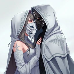 An anime female character wearing a flowing, elegant white hooded cloak, intricately designed, with an ornate white Venetian full mask covering her entire face
