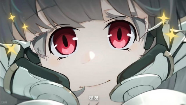 An anime-style character with large expressive eyes, smiling brightly