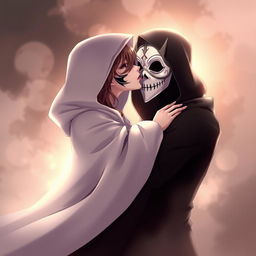 An anime scene featuring a female character dressed in a flowing, hooded white cloak, with an elegant white Venetian mask covering her entire face