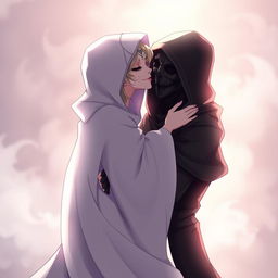 An anime scene featuring a female character dressed in a flowing, hooded white cloak, with an elegant white Venetian mask covering her entire face