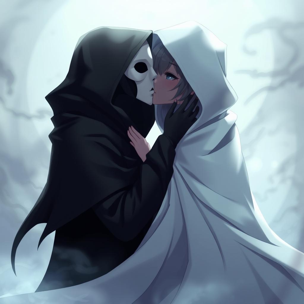 An anime scene featuring a female character dressed in a flowing, hooded white cloak, with an elegant white Venetian mask covering her entire face
