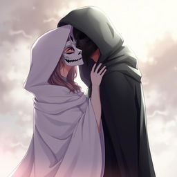 An anime scene featuring a female character dressed in a flowing, hooded white cloak, with an elegant white Venetian mask covering her entire face