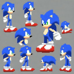 A pixel art sprite sheet of Sonic the Hedgehog, designed in the distinctive style of the game Friday Night Funkin'