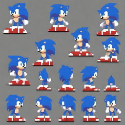 A pixel art sprite sheet of Sonic the Hedgehog, designed in the distinctive style of the game Friday Night Funkin'