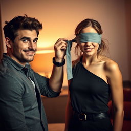 A dynamic and intriguing scene featuring a confident young man on the left side of the image, expertly tying a blindfold around the eyes of an attractive young woman, who appears excited yet slightly surprised