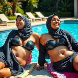 Two beautiful busty Arab women dressed in stylish hijabs, sunbathing by the pool, their skin glistening with shimmering oil, showcasing their voluptuous figures