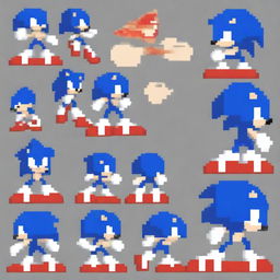 A pixel art sprite sheet of Sonic the Hedgehog, designed in the distinctive style of the game Friday Night Funkin'