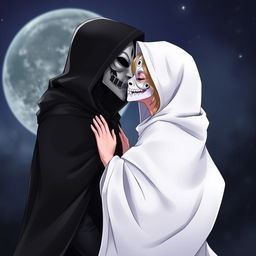 An anime female character wearing a flowing, elegant white hooded cloak, paired with a beautifully intricate white Venetian full mask that covers her entire face