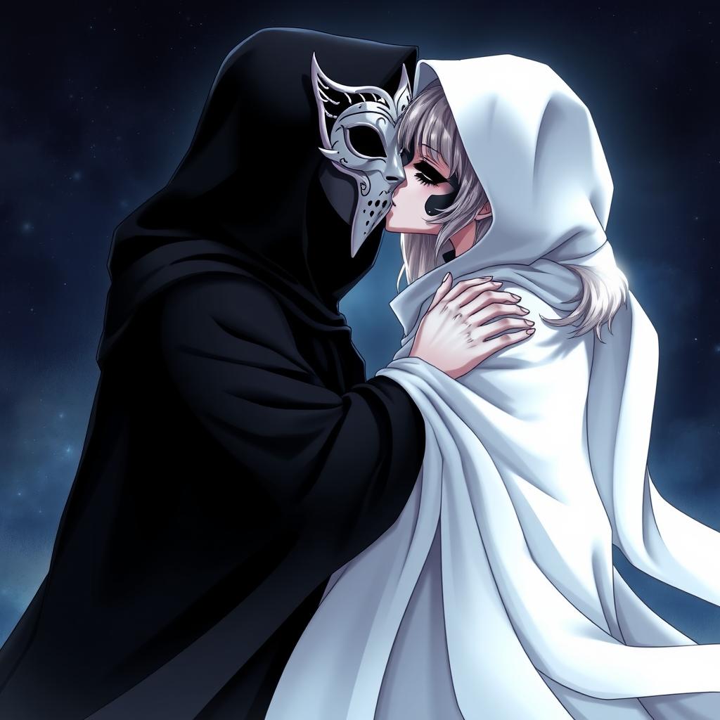 An anime female character wearing a flowing, elegant white hooded cloak, paired with a beautifully intricate white Venetian full mask that covers her entire face