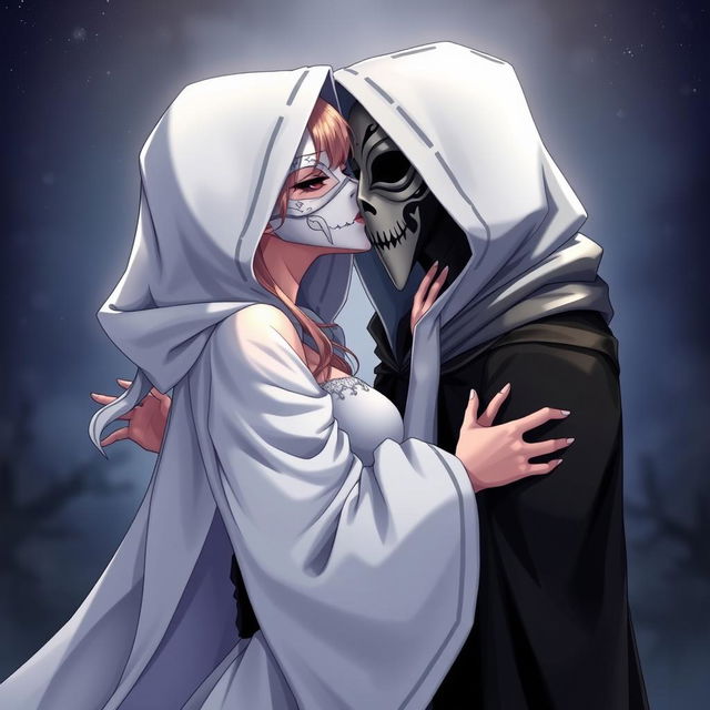 An anime female character wearing a flowing, elegant white hooded cloak, paired with a beautifully intricate white Venetian full mask that covers her entire face