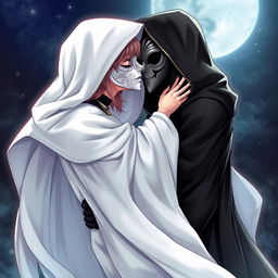 An anime female character wearing a flowing, elegant white hooded cloak, paired with a beautifully intricate white Venetian full mask that covers her entire face