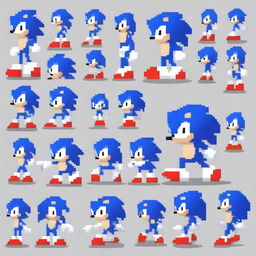 A pixel art sprite sheet of Sonic the Hedgehog, designed in the distinctive style of the game Friday Night Funkin'