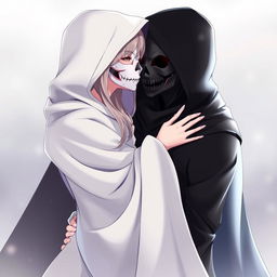 An anime female character wearing a hooded white cloak that elegantly drapes over her form, paired with a beautiful white Venetian full mask that covers her entire face
