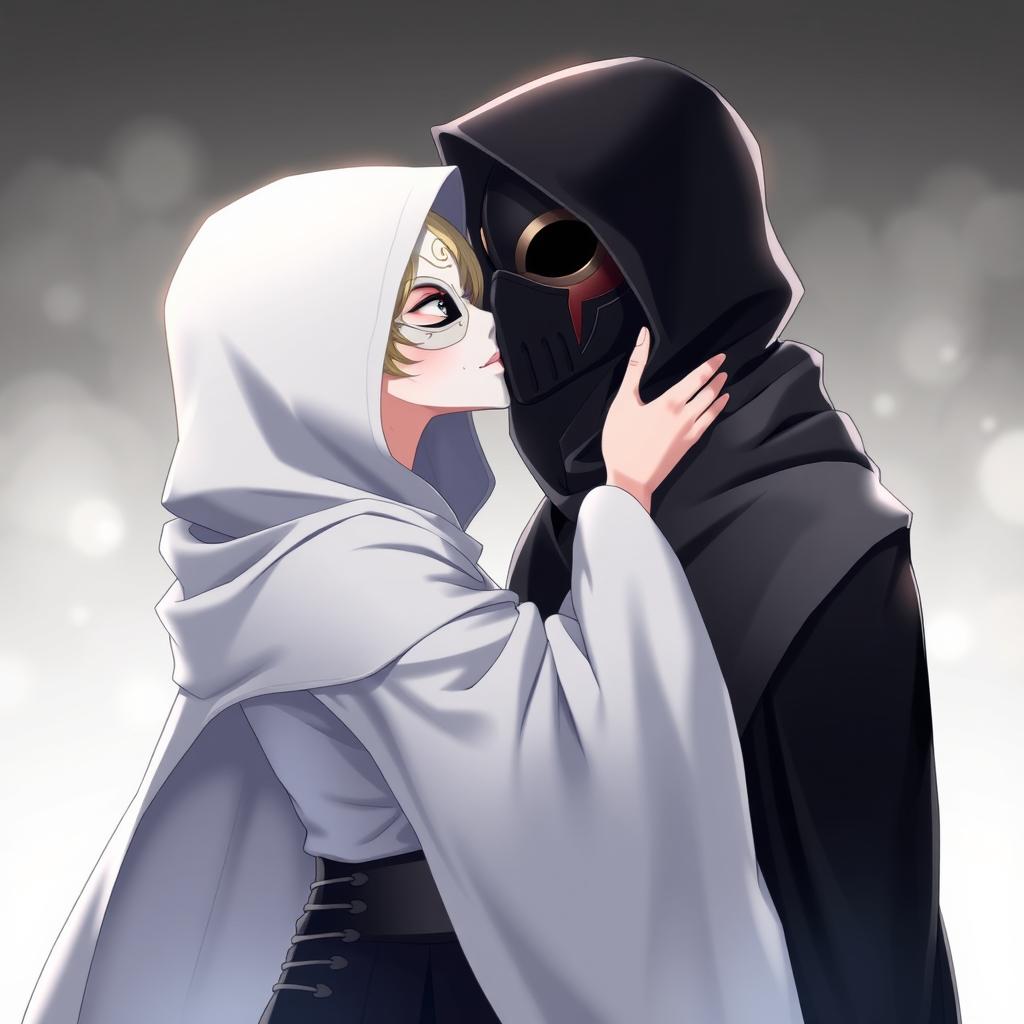An anime female character wearing a hooded white cloak that elegantly drapes over her form, paired with a beautiful white Venetian full mask that covers her entire face